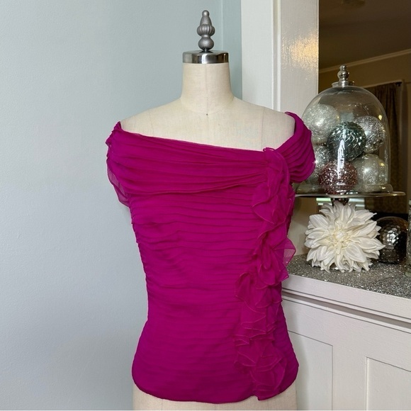 Tadashi Collection Pink Silk Ruched & Ruffled Blouse Size 6 - Picture 4 of 11